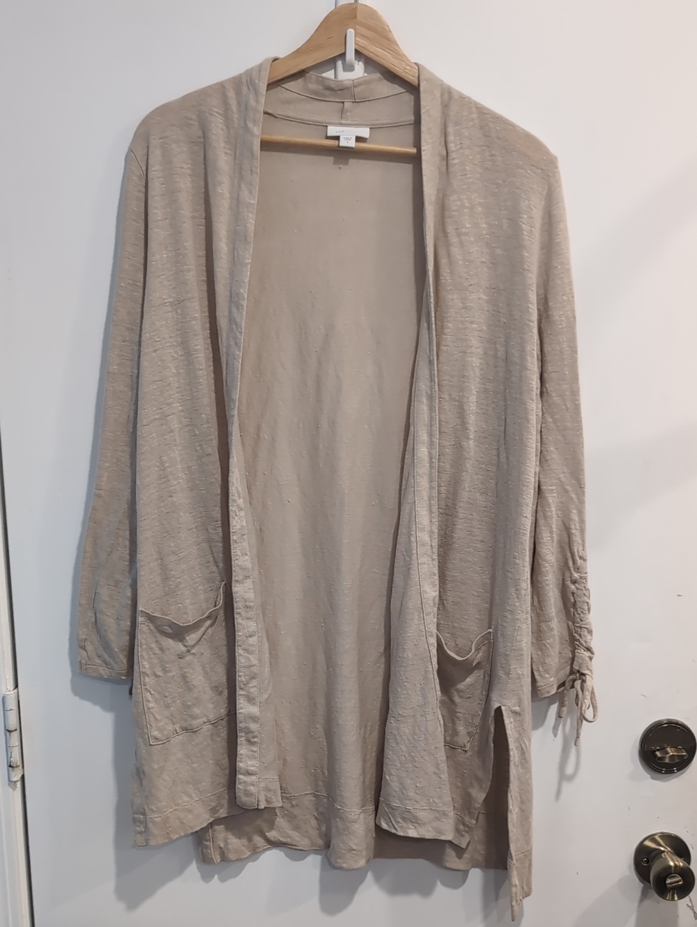 J Jill Love Linen Beige Open-Front Women's Cardigan Front Pockets Size Small